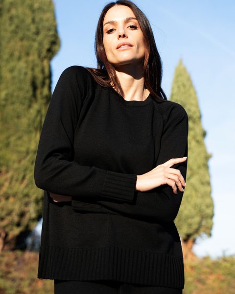 Maglia girocollo boxy donna in pura lana merinos extrafine